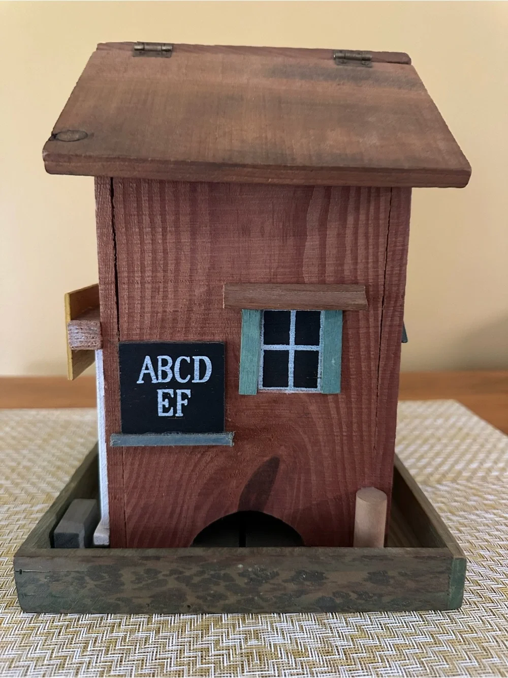 Wooden School House Decorative Bird feeder Brown with Green Accents